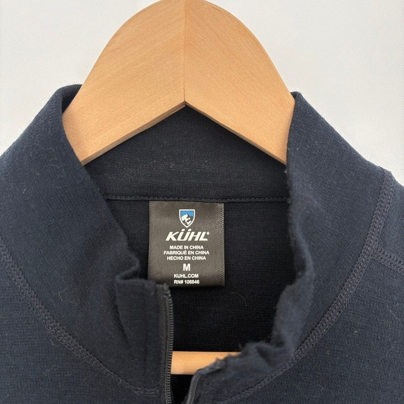 KUHL Mens Merino Wool 1/4 Zip Pullover Sweater Size M Navy Brown Stripe - Picture 2 of 7
